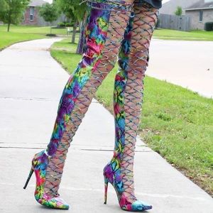 “NELLY BERNAL” Rainbow Thigh High Pointy Boots